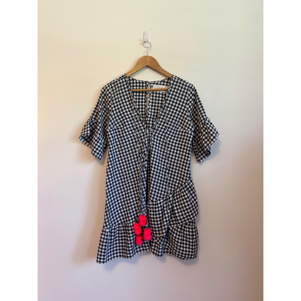 Sundress Gingham Mini Dress in Black and White and Pink Pom Poms | Size XS/S‎